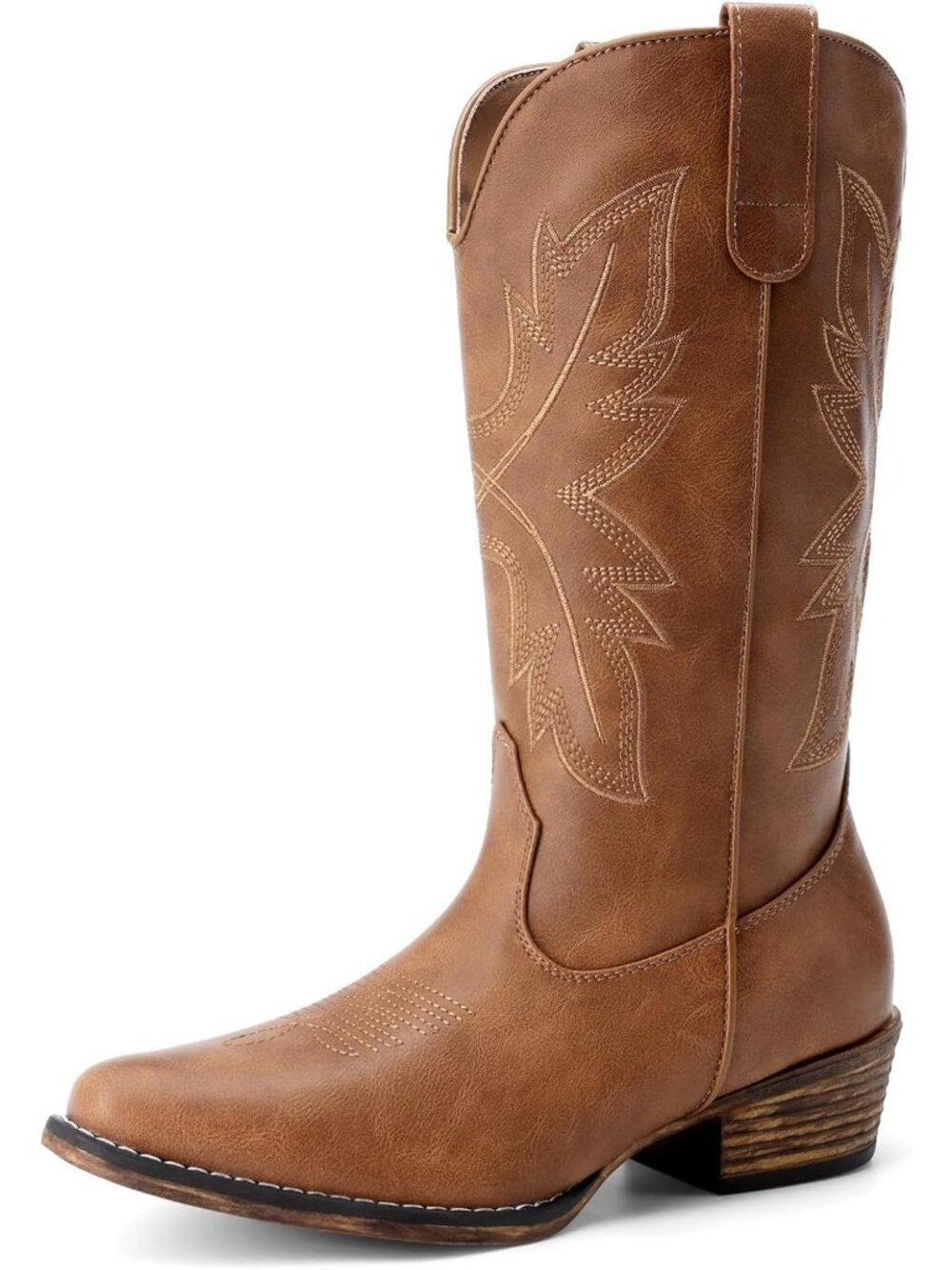 Women Cowgirl Western Mid Calf Brown Snip Toe Embroidered Low Chunky Heel Boots